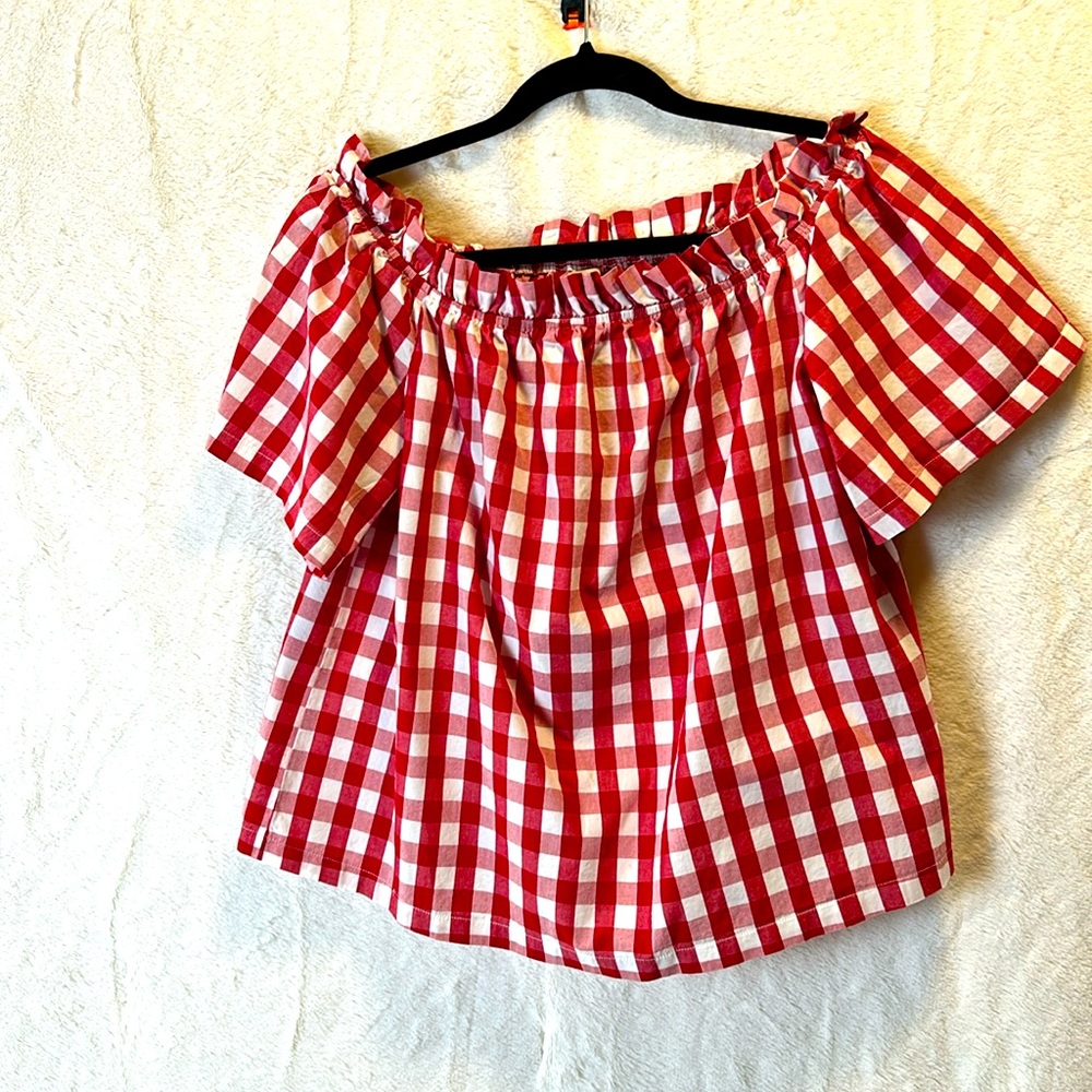Red and white checkered shirt with elastic neck line.  Cavalini is the brand